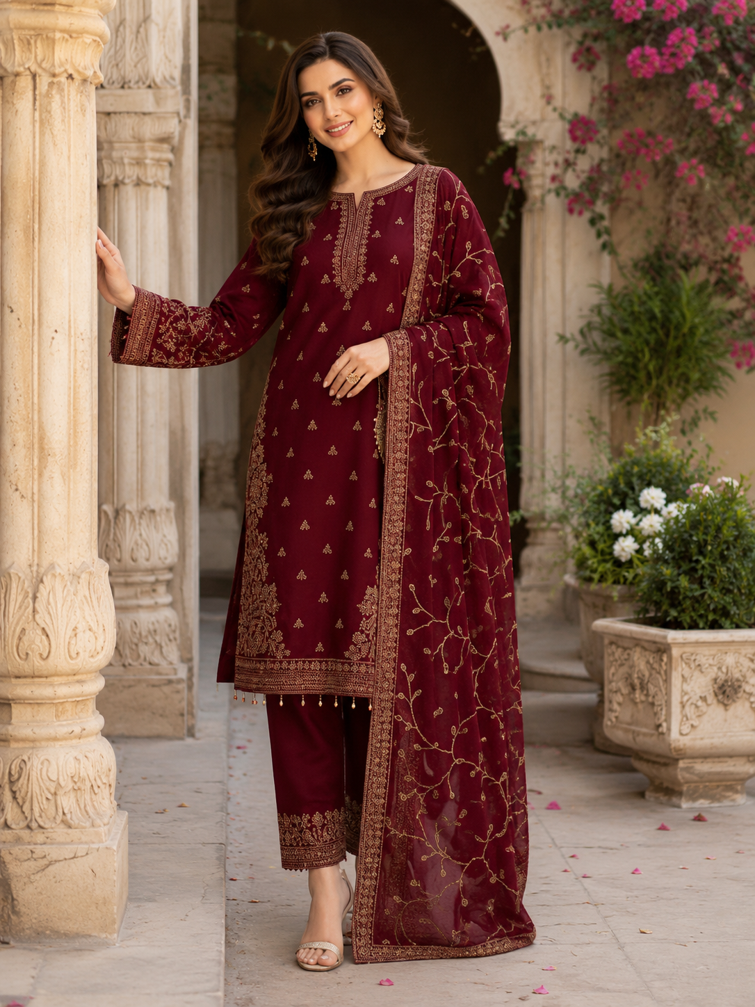 Burgundy Grace Embroidered 3 Piece Suit