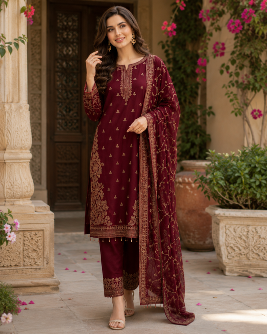 Burgundy Grace Embroidered 3 Piece Suit