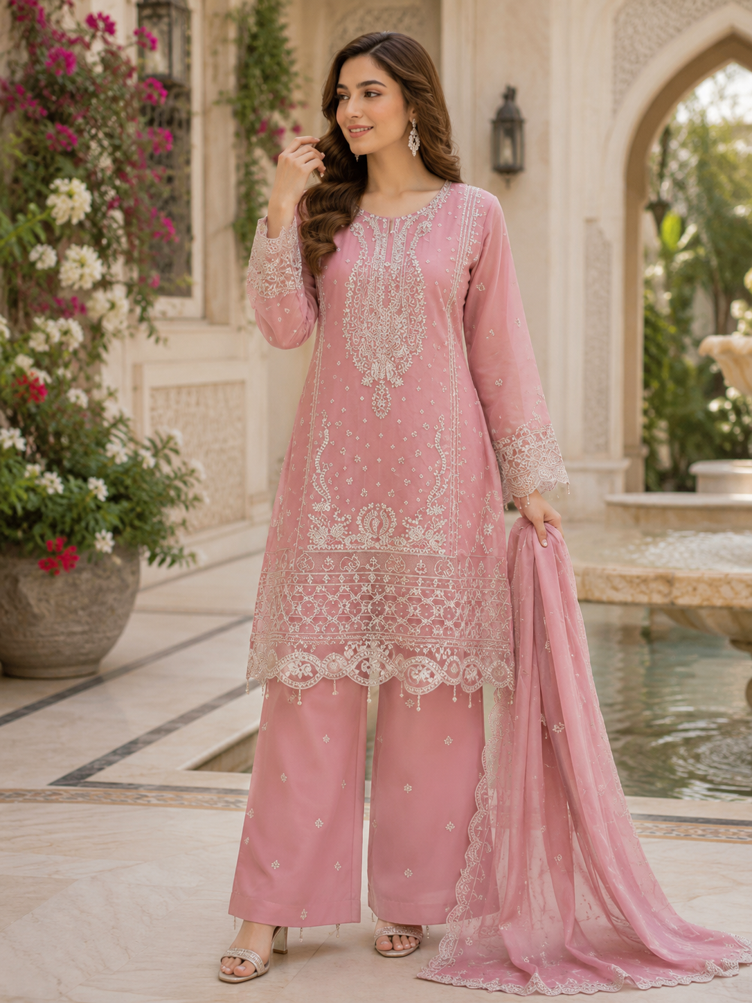 Pink Aura Hand Embroidered 3 Piece Suit