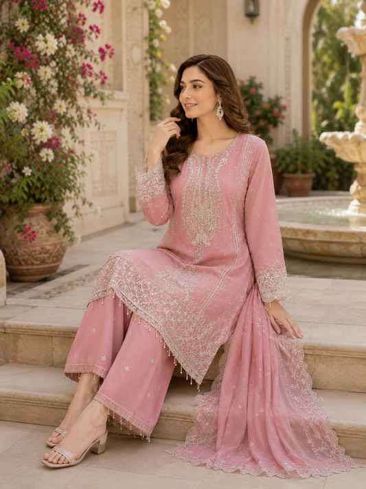 Pink Aura Hand Embroidered 3 Piece Suit