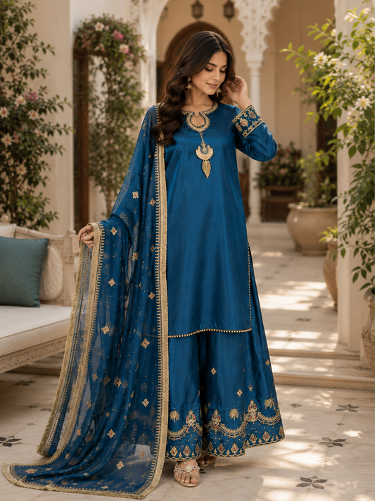 Royal Blue Hand Embroidered 3 Piece Suit