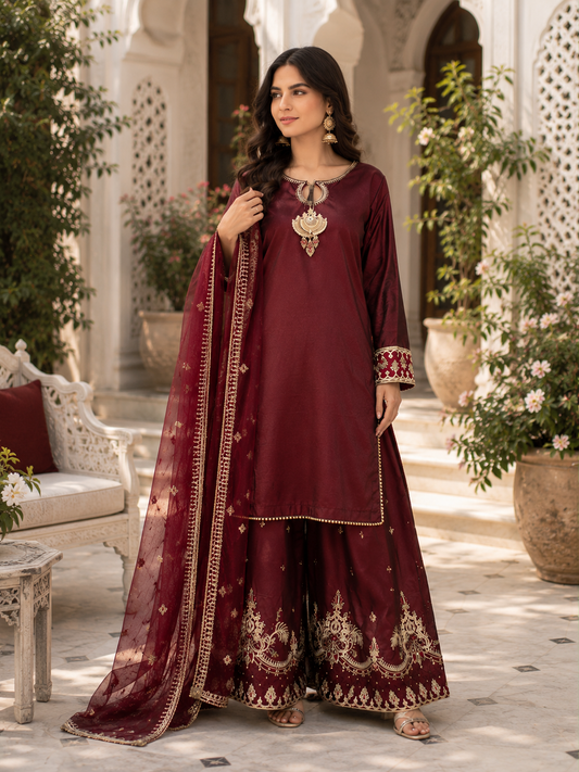 Royal Maroon Hand Embroidered 3 Piece Suit