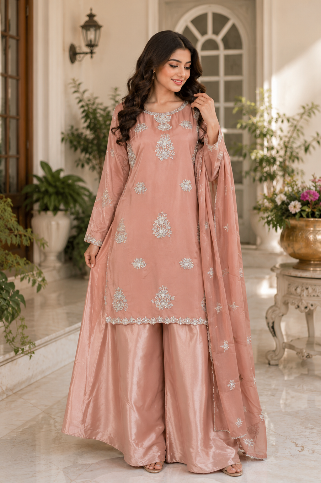 Rose Mist Peach Hand Embroidered 3 Piece Suit