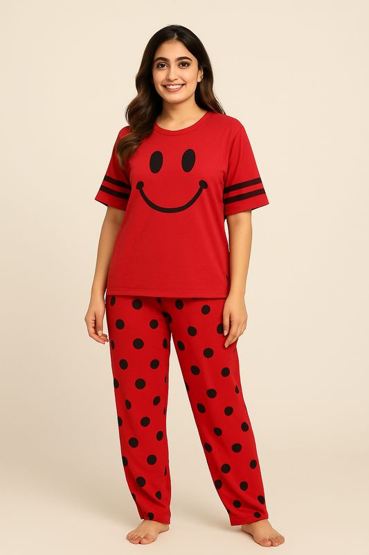 Red Smiley Full Sleeves Printed Pajama Night Suit