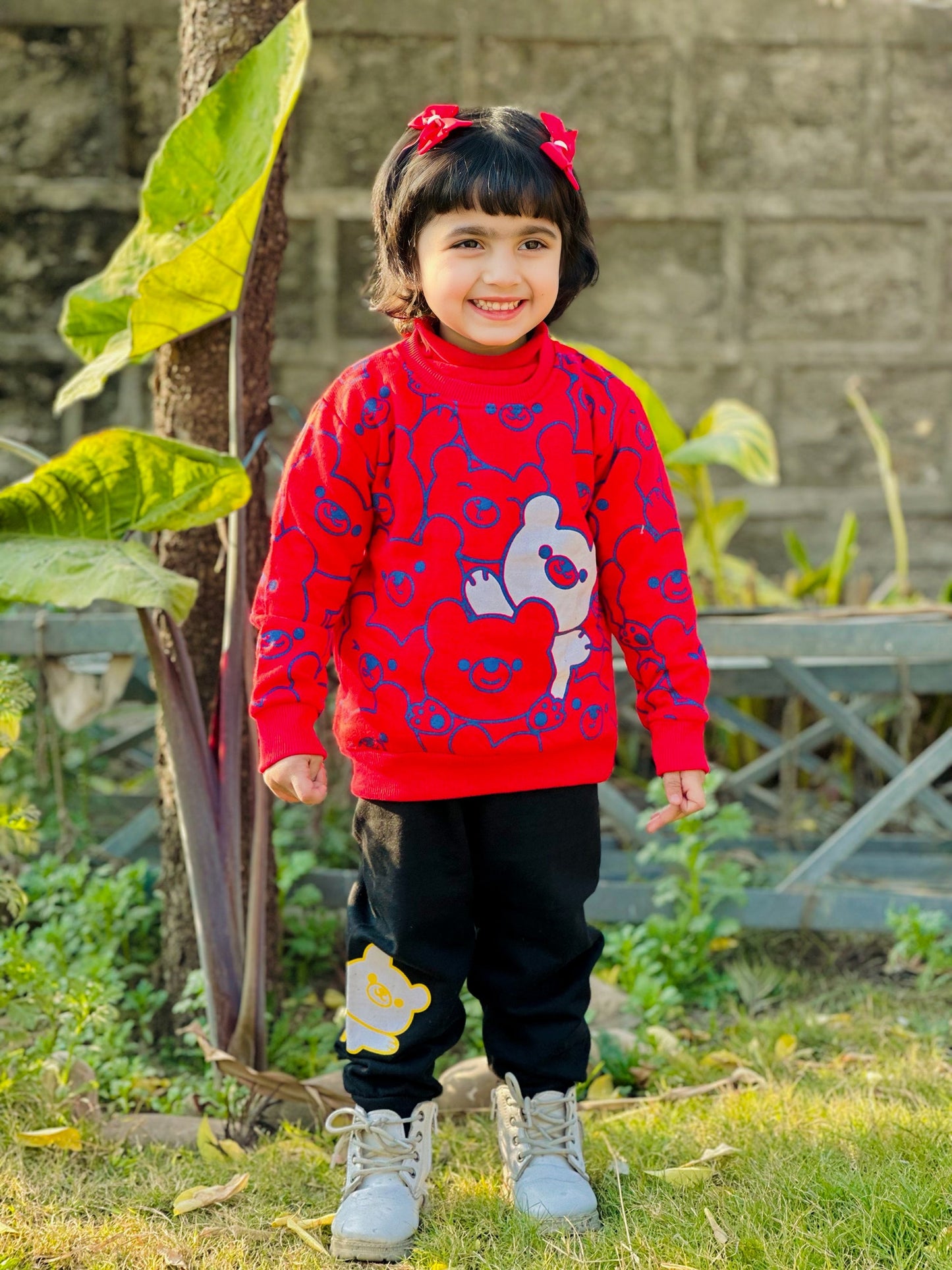 Red Bears Print Sweatshirt With Trouser For Kids (2 Piece)