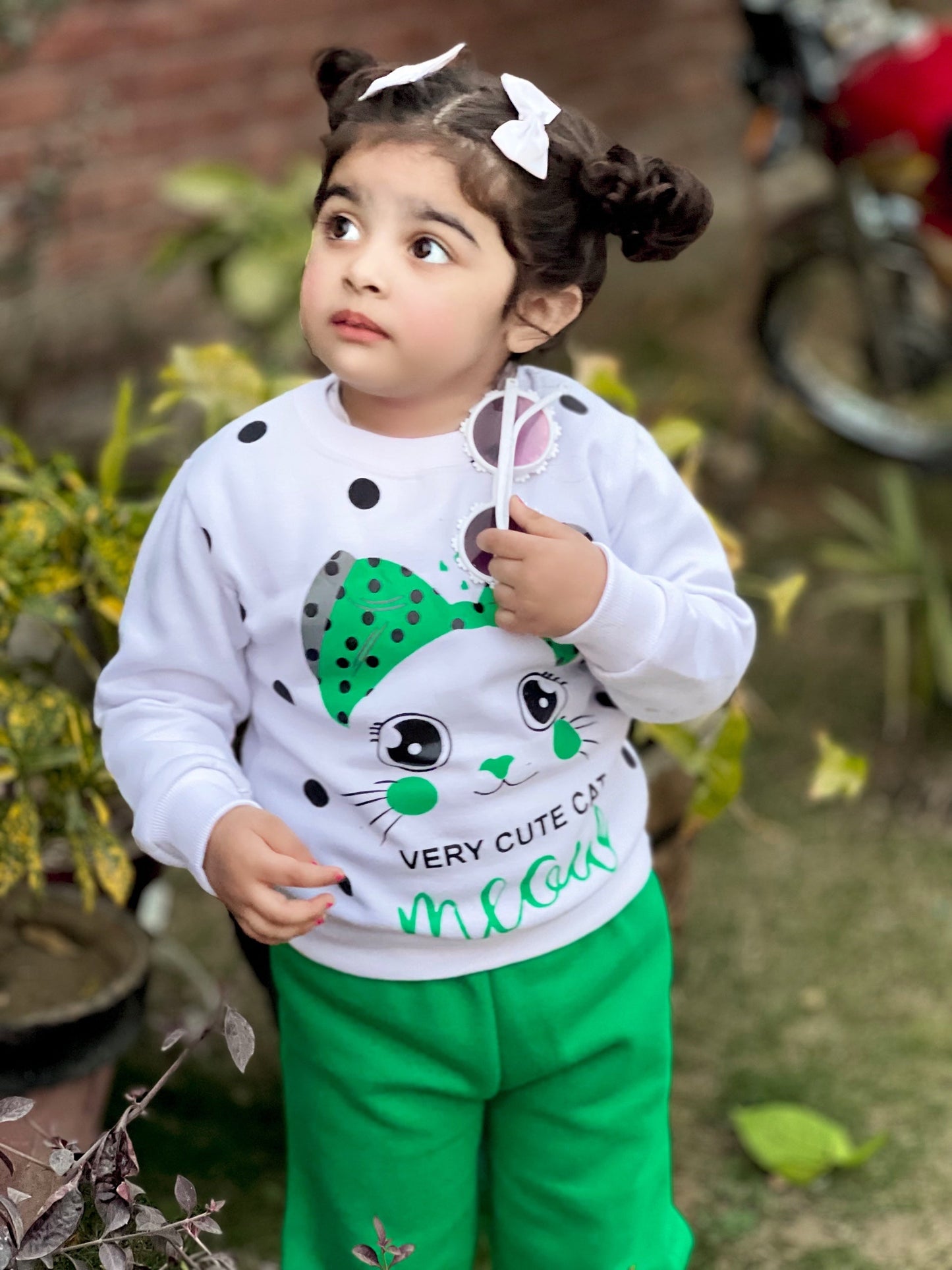 White Meow Printed Sweatshirt With Trouser For Kids