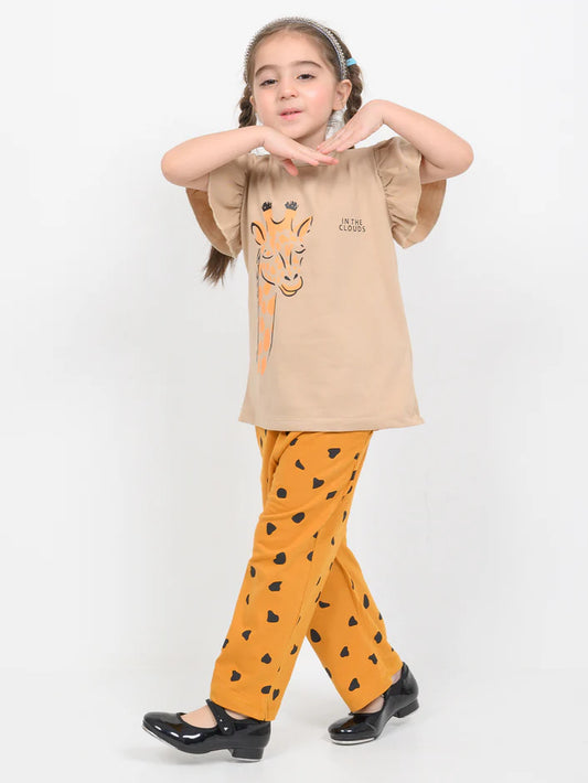 Frill Sleeves Giraffe Glow Cotton Trouser Set (Beige & Mustard)