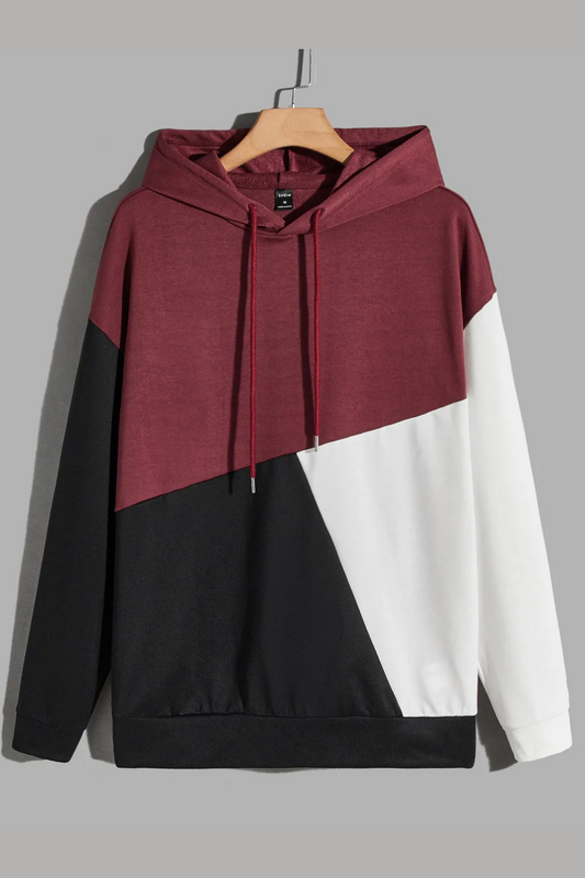 Maroon Black and White Cut and Sew Kangaroo Hoodie