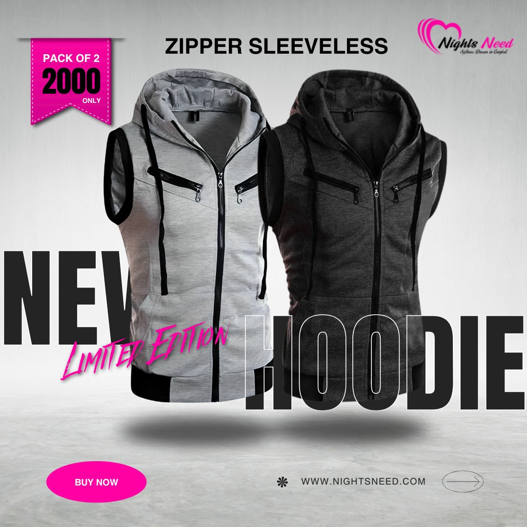 Grey With Charcoal Sleeveless Hooded Zipper Pack Of Two