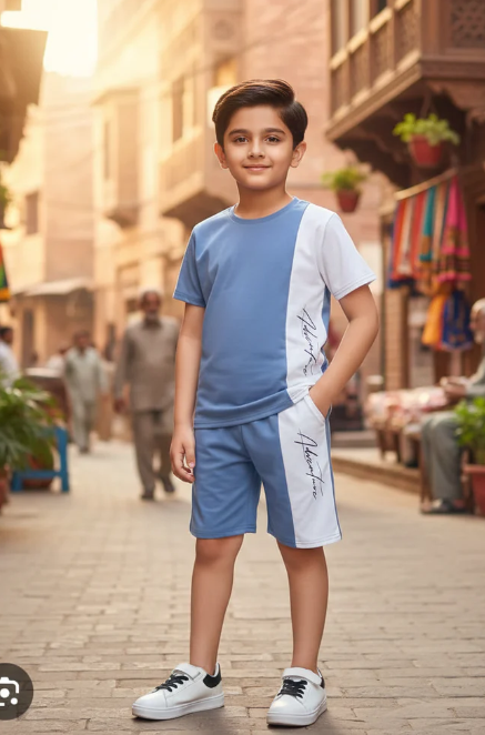 Kids Print T-Shirt & Shorts Set Blue White Panel
