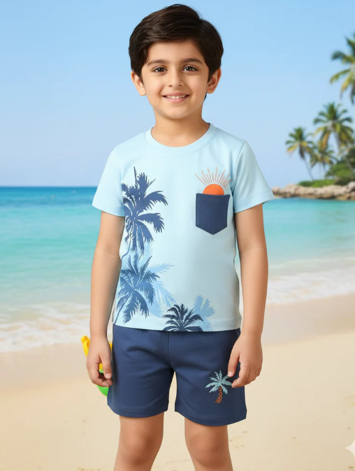 Kids Summer Print T-Shirt & Shorts Sun Print Pocket