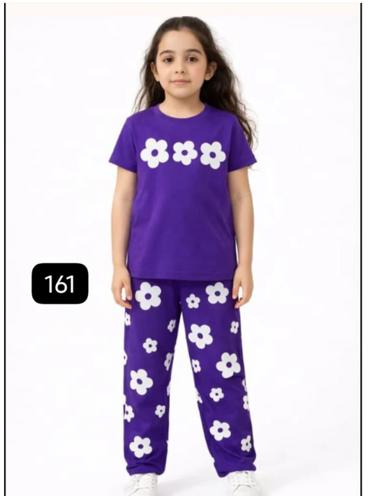 Purple Flower Half Sleeve Kids Suit