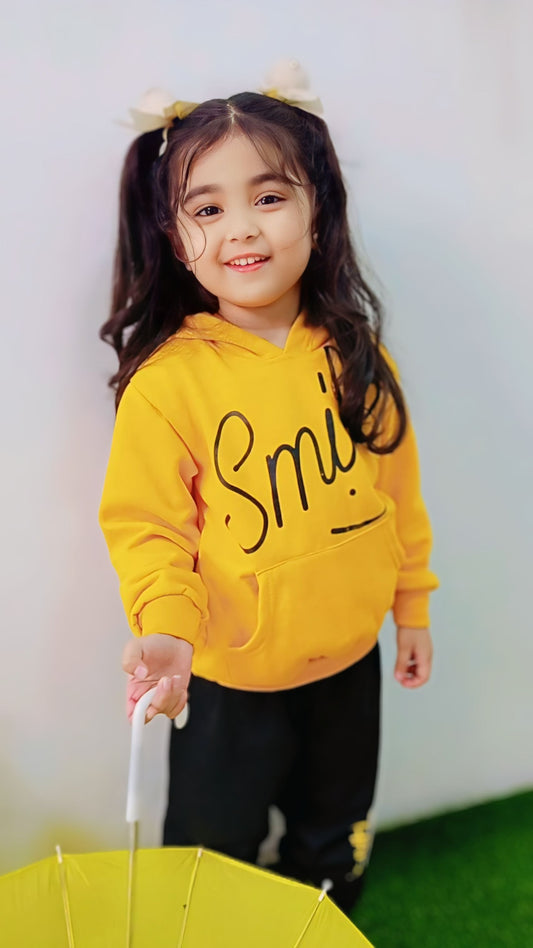 Orange Smiley Printed Hoodie With Trouser For Kids