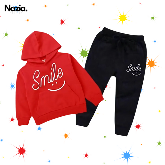 Red Smiley Printed Hoodie With Trouser For Kids
