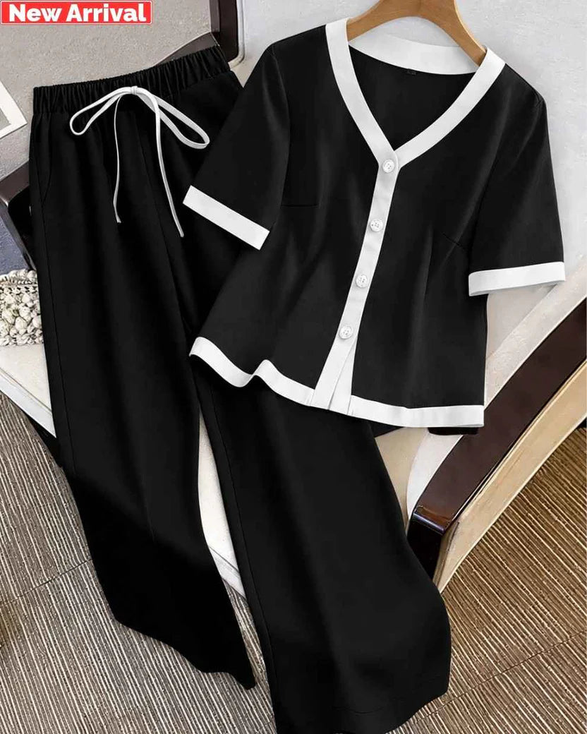 Black V-Neck Button Style PJs