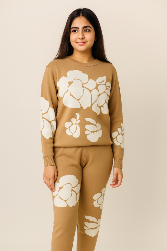 Camel Floral Knit Co-ord – Cozy
