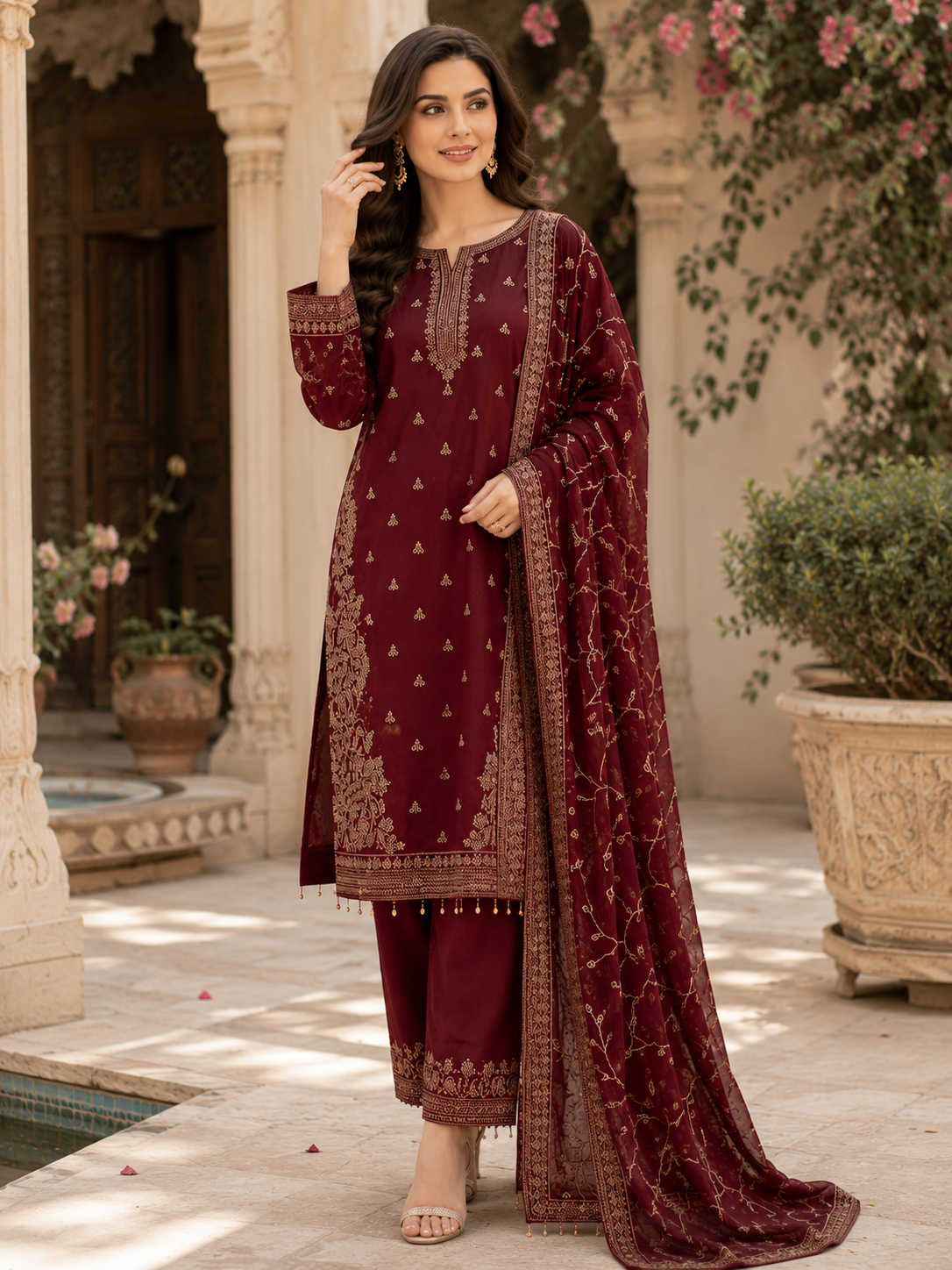 Burgundy Grace Embroidered 3 Piece Suit