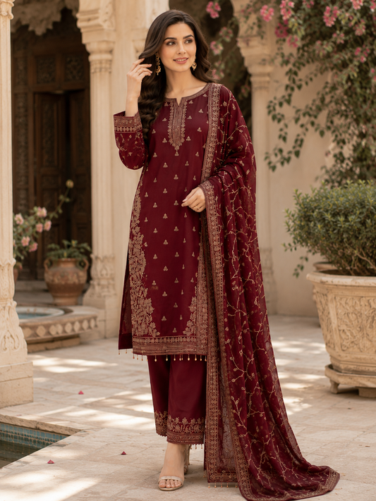 Burgundy Grace Embroidered 3 Piece Suit