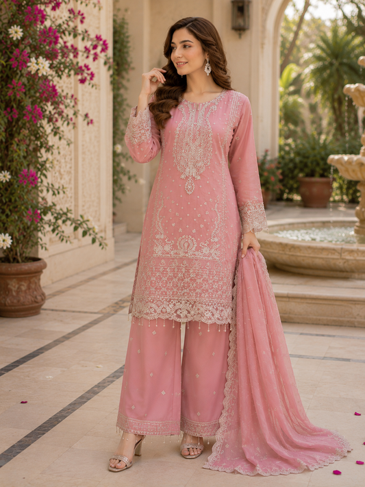 Pink Aura Hand Embroidered 3 Piece Suit