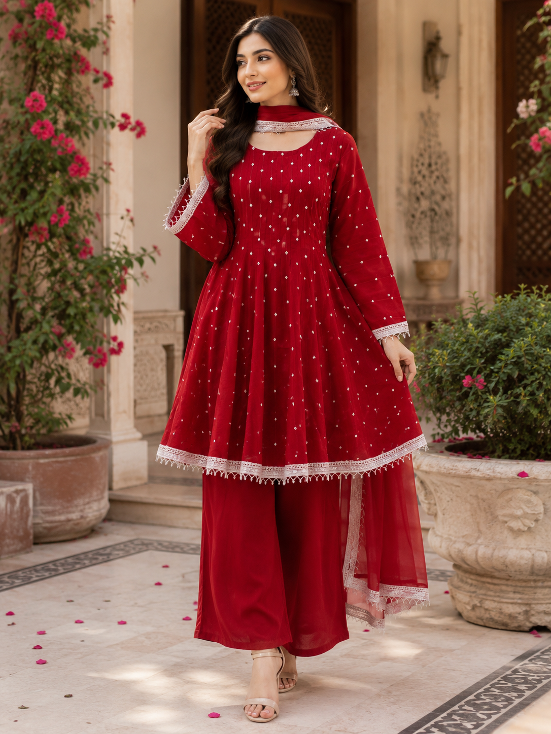 Ruby Blossom Hand Embroidered 3 Piece Suit