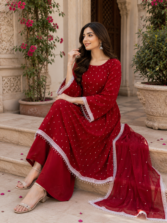 Ruby Blossom Hand Embroidered 3 Piece Suit