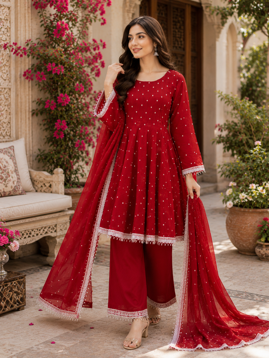 Ruby Blossom Hand Embroidered 3 Piece Suit