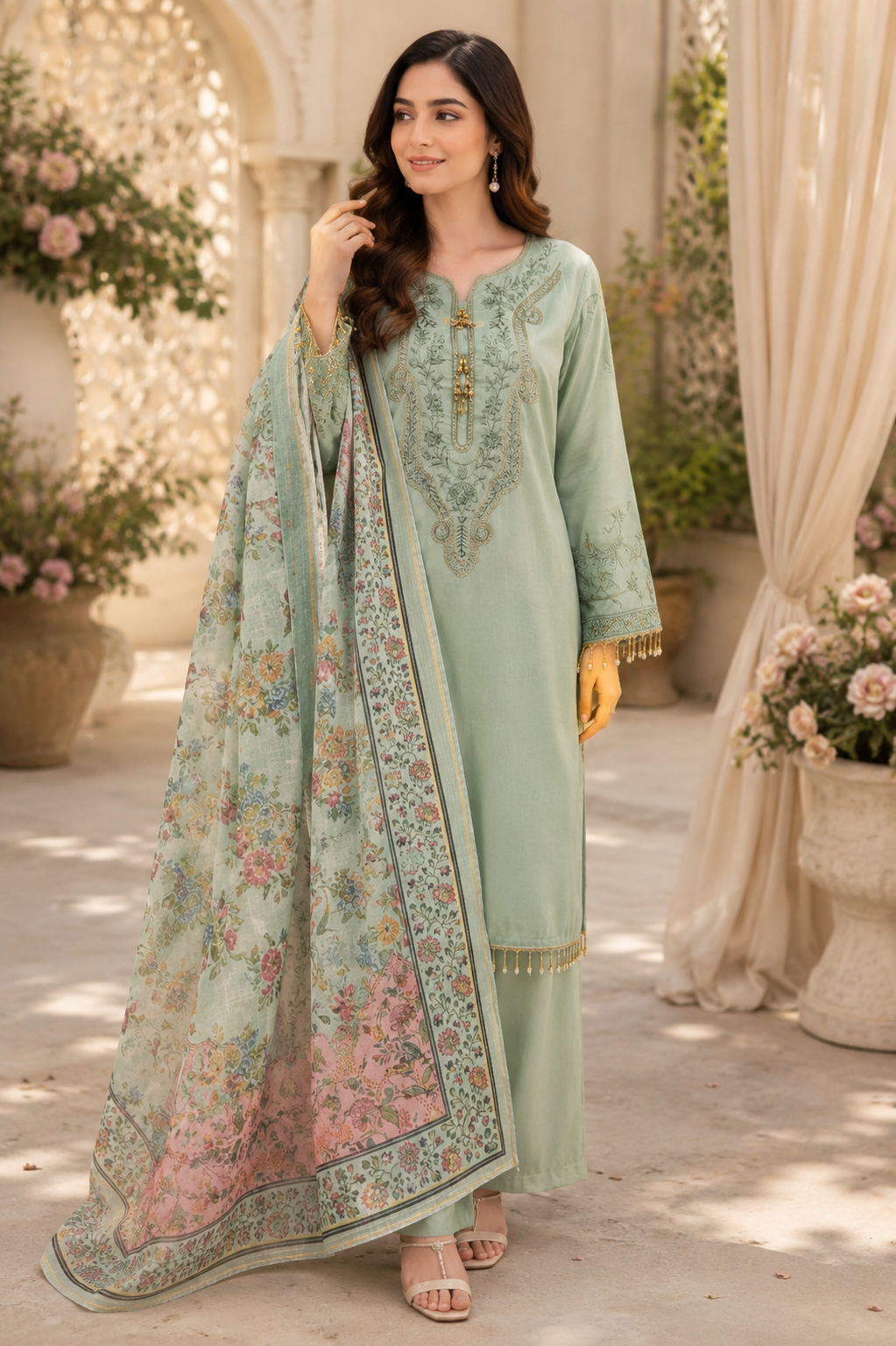 Mint Elegance Hand Embroidered 3 Piece Suit