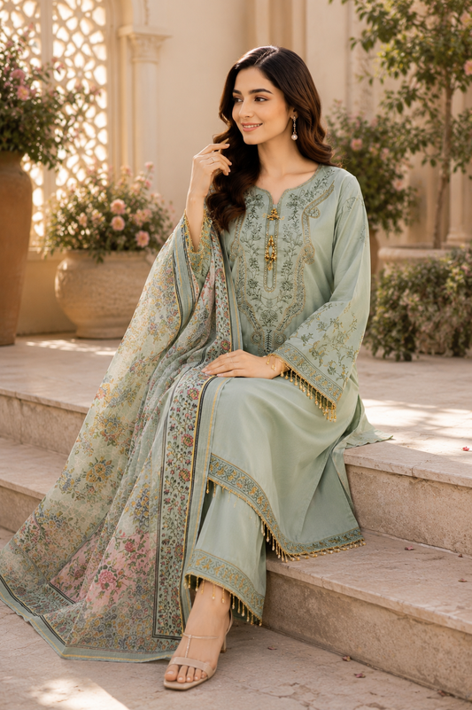 Mint Elegance Hand Embroidered 3 Piece Suit