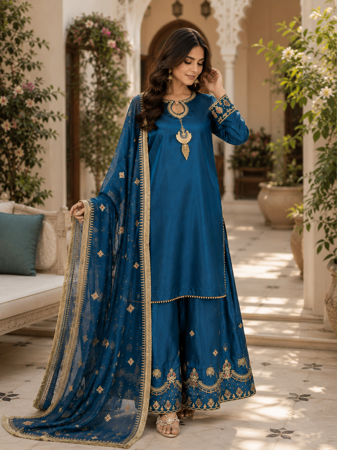 Royal Blue Hand Embroidered 3 Piece Suit