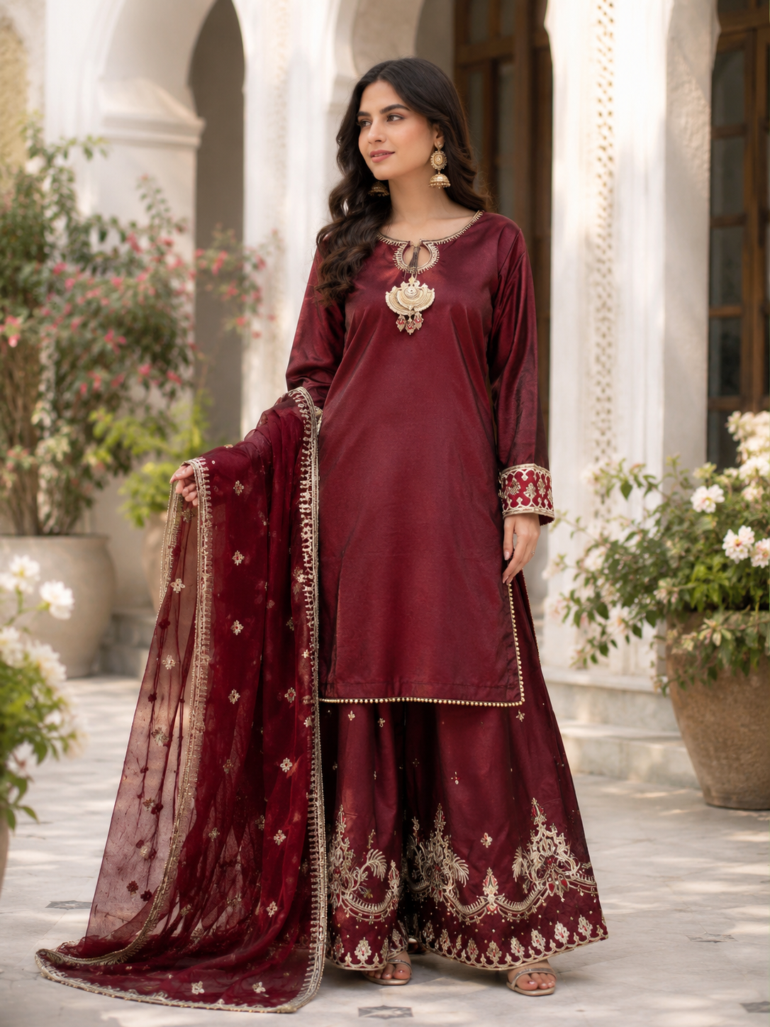 Royal Maroon Hand Embroidered 3 Piece Suit