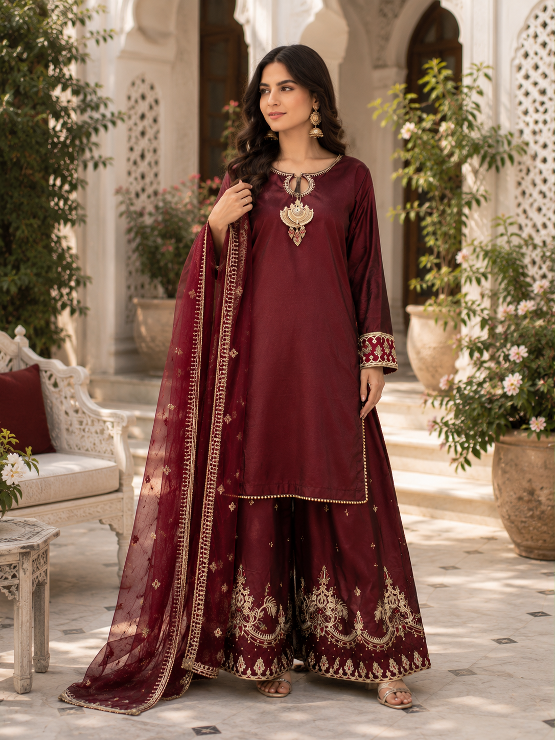 Royal Maroon Hand Embroidered 3 Piece Suit