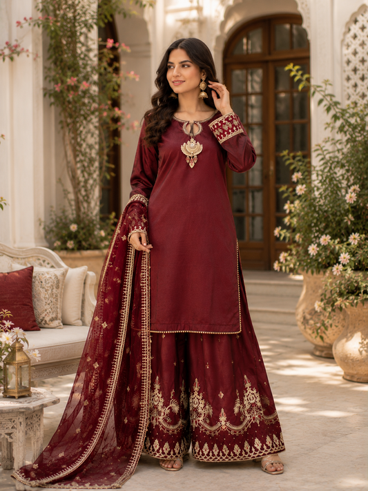 Royal Maroon Hand Embroidered 3 Piece Suit