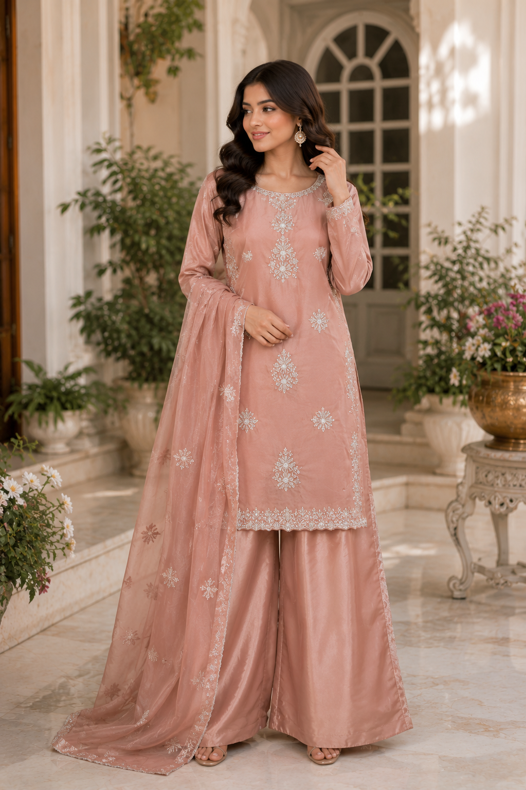 Rose Mist Peach Hand Embroidered 3 Piece Suit