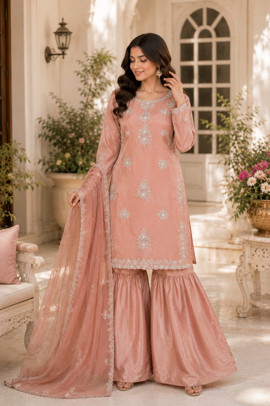 Rose Mist Peach Hand Embroidered 3 Piece Suit