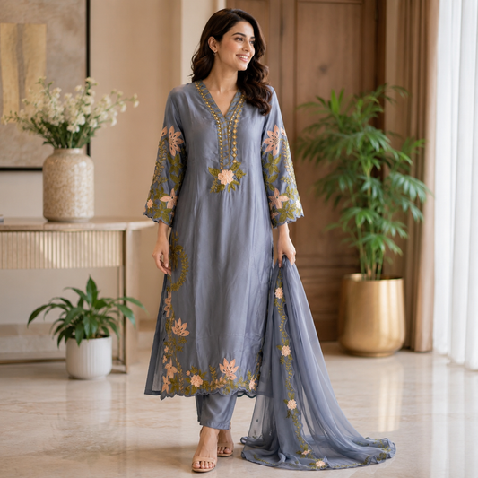 Noor Grey Hand Embroidered 3 Piece Suit