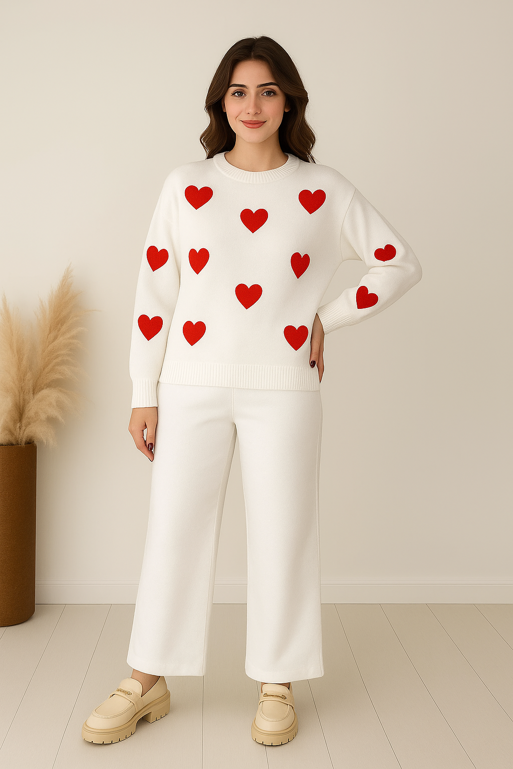 White with Red Heart Printed Fleece Co-ords Set