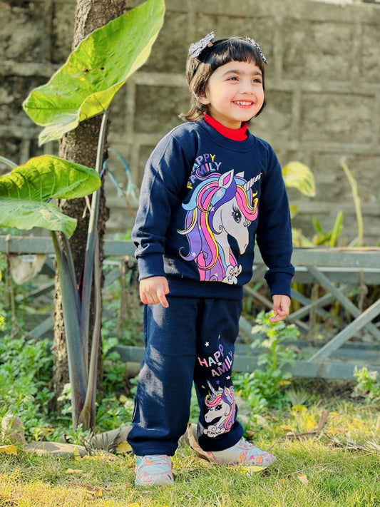 Navy Blue Happy Family Printed Fleece Winter Suit For Kids