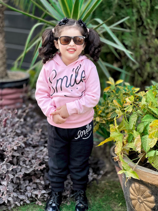 Pink Smiley Printed Hoodie With Trouser For Kids