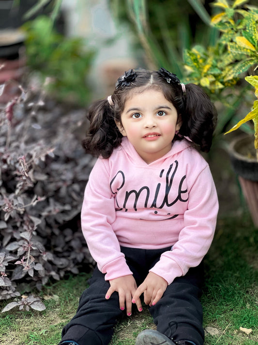 Pink Smiley Printed Hoodie With Trouser For Kids