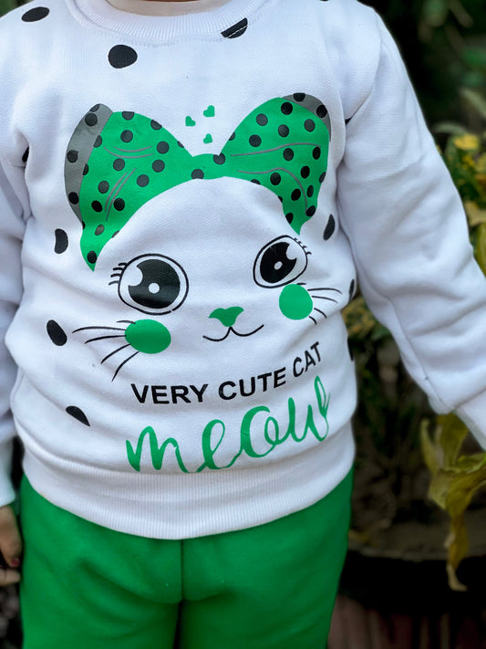 White Meow Printed Sweatshirt With Trouser For Kids