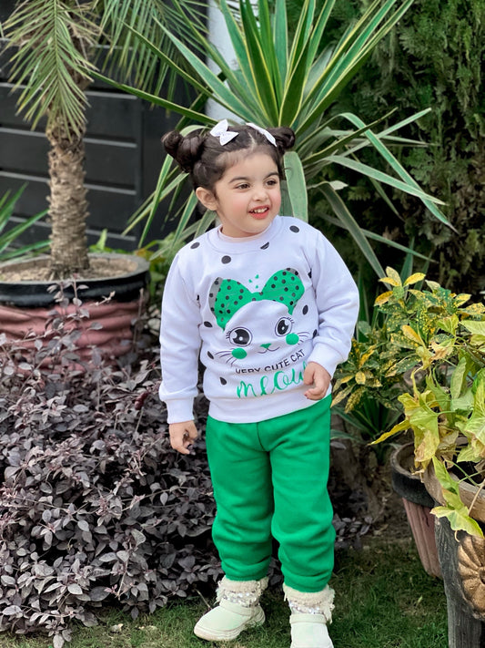 White Meow Printed Sweatshirt With Trouser For Kids