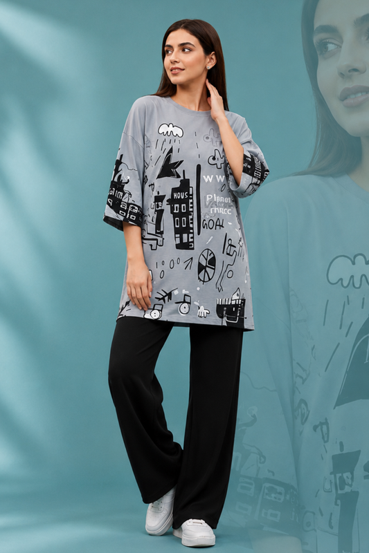 Grey Planet Music With Black Pajama Printed Night Suit