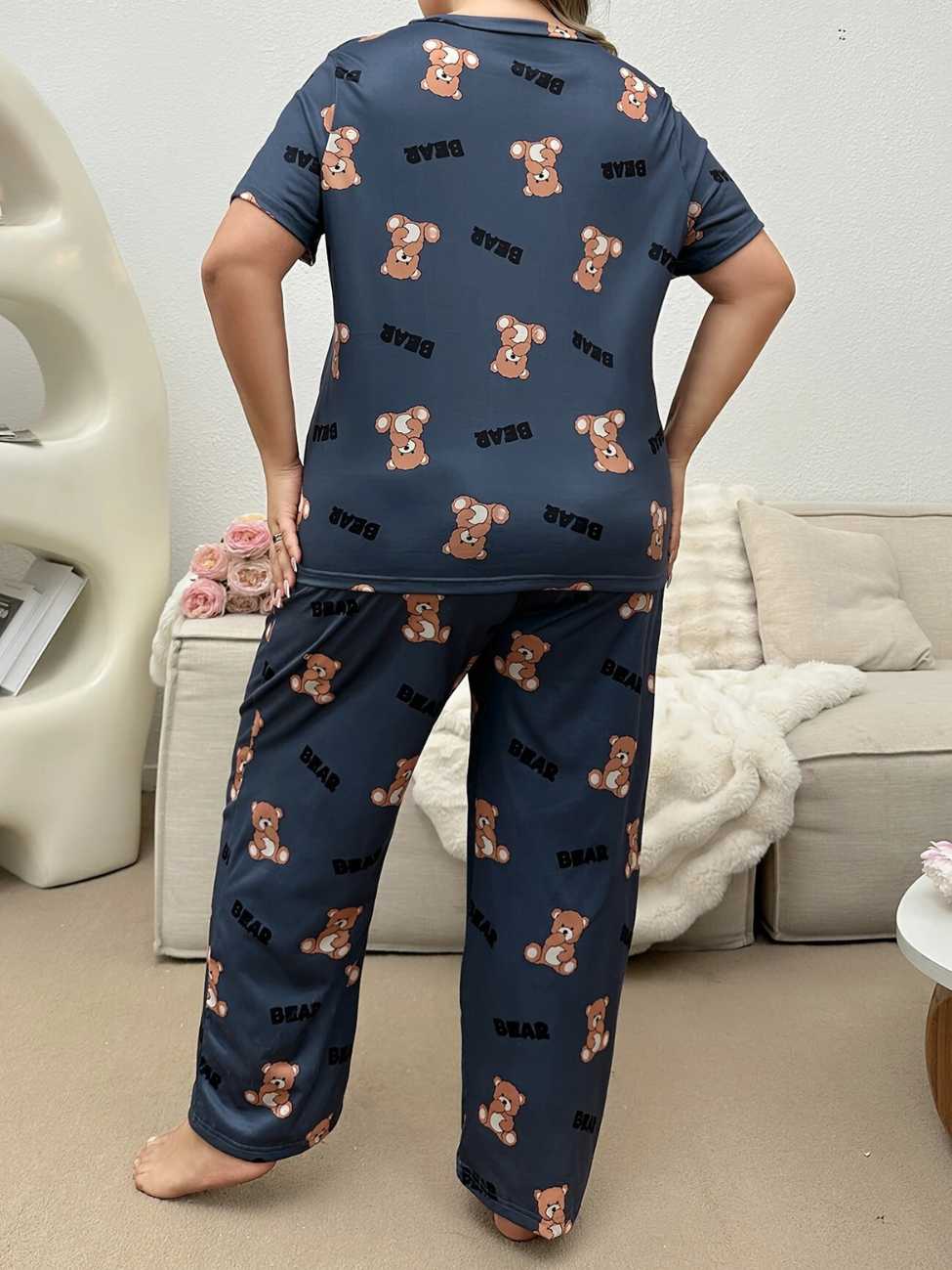 Gray Cozy Bear Printed Night Suit