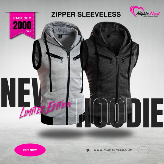 Grey With Charcoal Sleeveless Hooded Zipper Pack Of Two