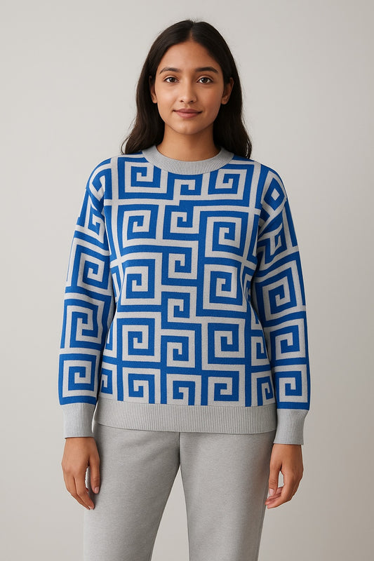 Blue Geometric Knit Sweater – Bold