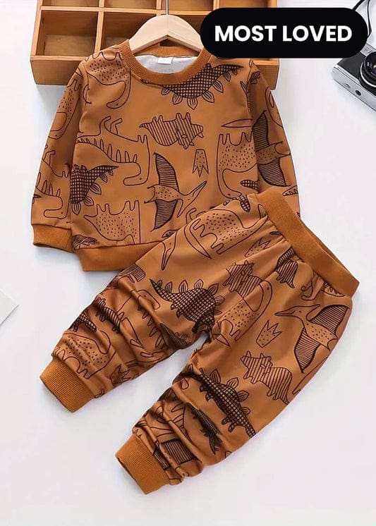 Brown Dinosaur Printed Kids Winter Suit