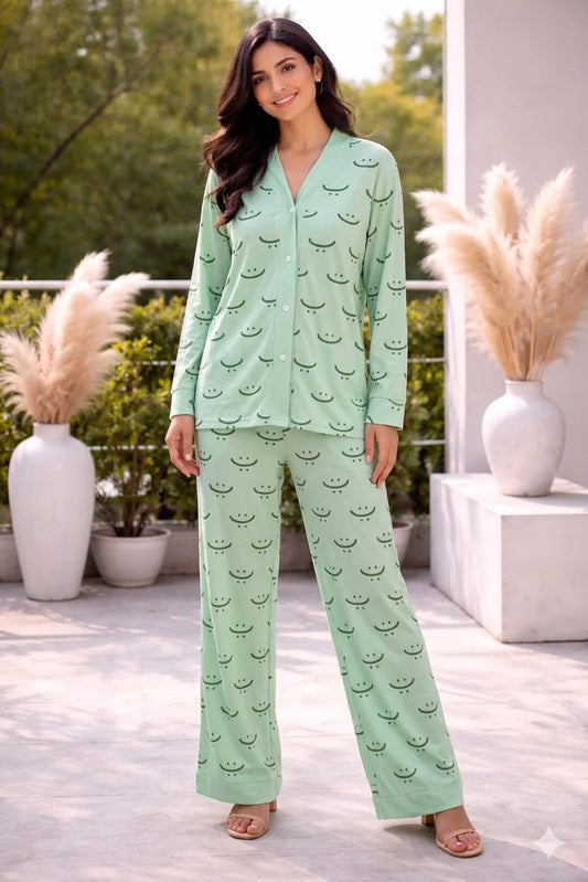 Green Smiley V-Neck Button Printed PJ Set For Her
