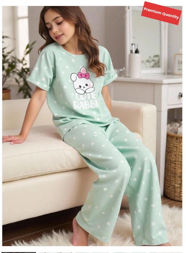 Cute Rabbit Printed Half Sleeve Night Suit